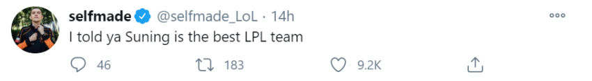 Selfmade: Tôi đã nói rồi Suning là đội tuyển mạnh nhất LPL.